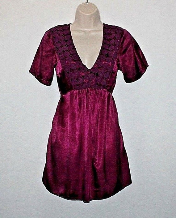 Vintage Burgundy Look Satin & Lace VERO MODA Casual Summer Tunic Dress Top Size S