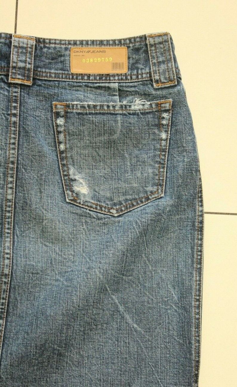 Vintage Women/'s Blue Denim DKNY JEANS Zip Mini Distressed Straight Skirt Size 1038 L 20