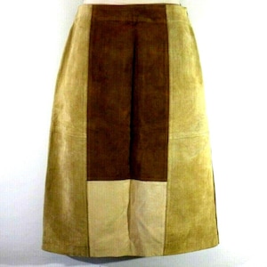 Vintage Damen Braun & Beige Wildleder Zip Wadenlanger Gerader Lässiger Rock Gr 12 / 40 L 26
