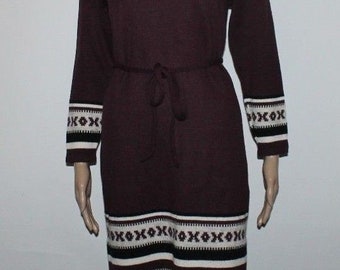 vintage Handmade Burgundy Knitted Knee Length Long Sleeve Winter Casual Dress Sz 14 / 42