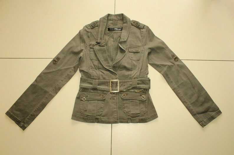 Vintage Khaki Cotton Blend JANE NORMAN Button Belted Fitted Jacket Blazer Size 10 38