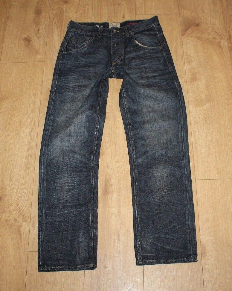 Image of Vintage Men's Blue Creased Denim River Island Button Straight Leg Stonewashed Jeans W 30 L