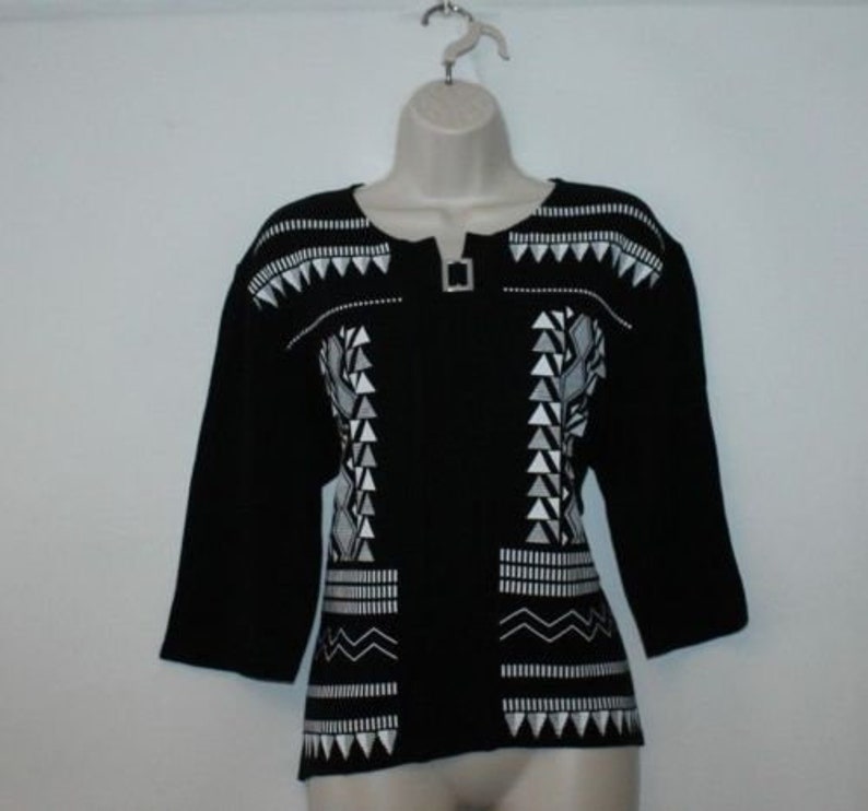 Vintage Black /& White Geometric BELLA Stretch 34 Sleeve Casual Top Blouse Size 14 42