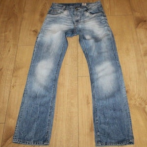 Vintage Men&#39;s Blue Denim JACK & JONES Button Mid Rise Straight Leg Faded Jeans W 29 L 31 Boho