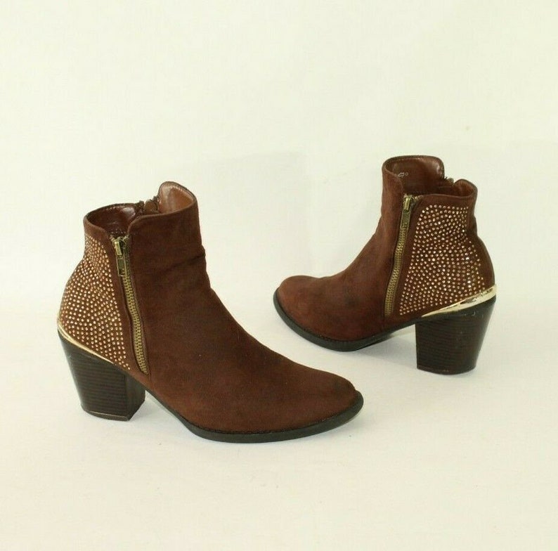 vintage Femme Brown Looks Suede LINZI Zip Strasses High Heel Ankle Boots Taille 5 /38 image 5