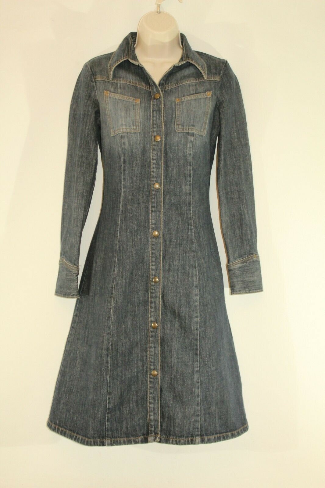 Image of Vintage Blue Denim Divided Popper Fitted Long Sleeves Calf Length Casual Dress Size Xs