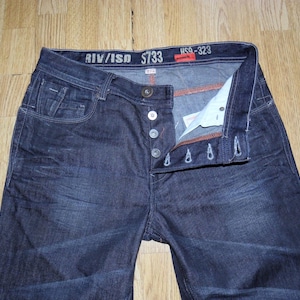 Vintage Men&#39;s Dark Blue Denim RIVER ISLAND Button Faded Straight Leg Jeans Size W 32 L 35 Boho
