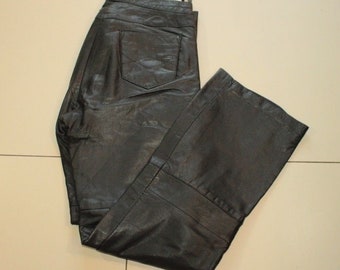 Vintage Women&#39;s Black Leather VILA High Waist Straight Leg Biker Pants Trousers Size L
