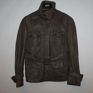 Vintage Grigio Marrone Pelle NEXT Cintura Hip Lunghezza Dotato Biker Giacca Taglia 12 / 40