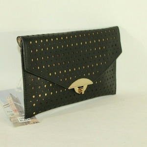 Vintage Damen schwarz & Gold Look Leder Verschluss ausgeschnitten Handtasche Schultertasche Clutch Abendtasche