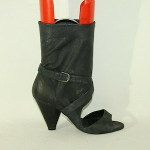 Vintage  Women&#39;s Grey Black Leather NEXT Pull On Open Toy Mid Calf Shoes Boots Sz 5 / 38