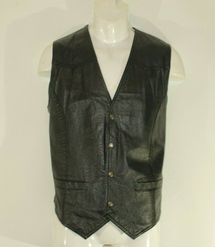 Image of Vintage Men's Black Leather Popper Cowboy Western Biker Waistcoat Size 52/54