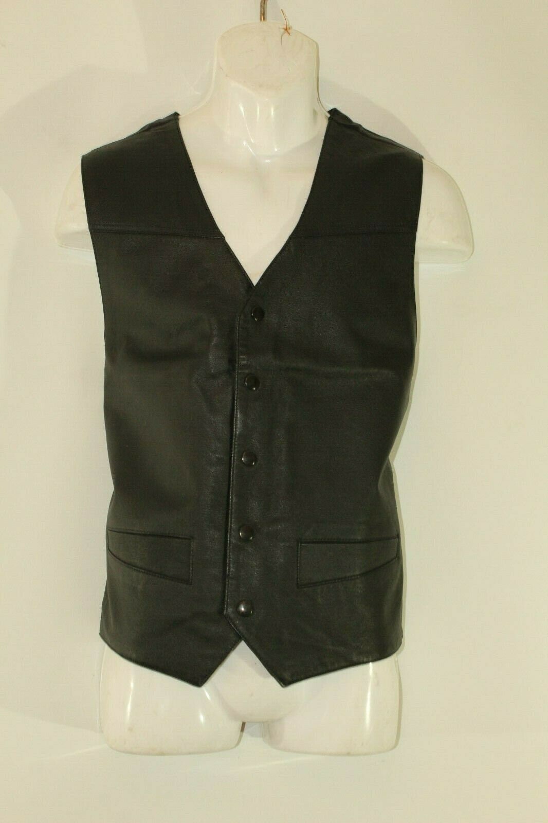 Image of Vintage Men's Black Leather & Other Popper Biker Western Vest Waistcoat Size 52