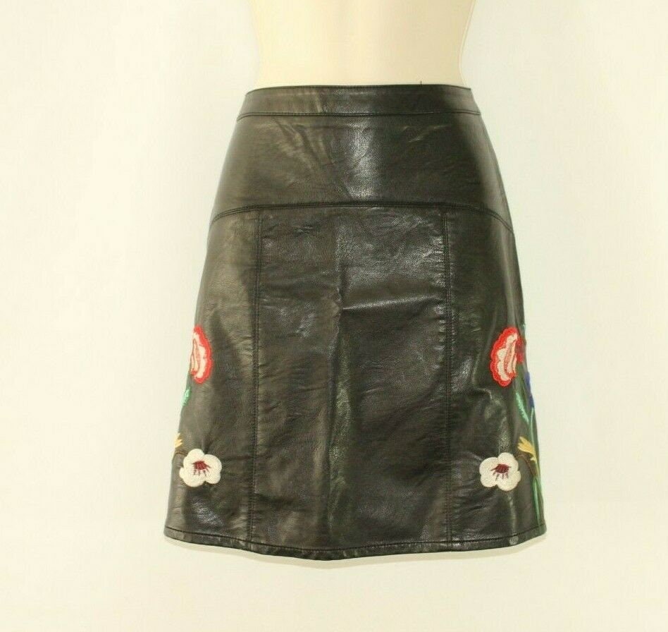 Black leather embroidered skirt online