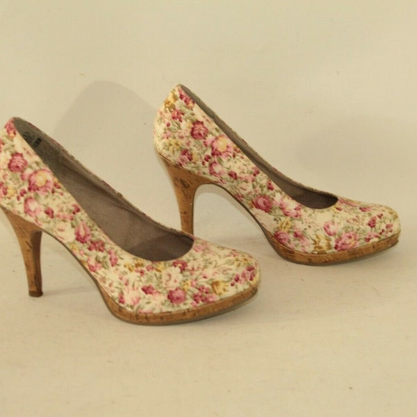 Vintage Floral Fabric TAMARIS Platform Casual Clubwear Party High Heel Shoes Size 4 / 37