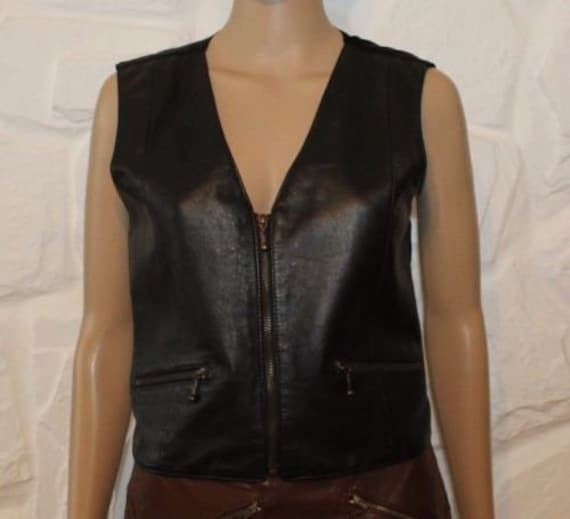 Vintage Black Leather PRESTON & YORK Zip Fitted Biker Riding Waistcoat Size 10  38 Boho