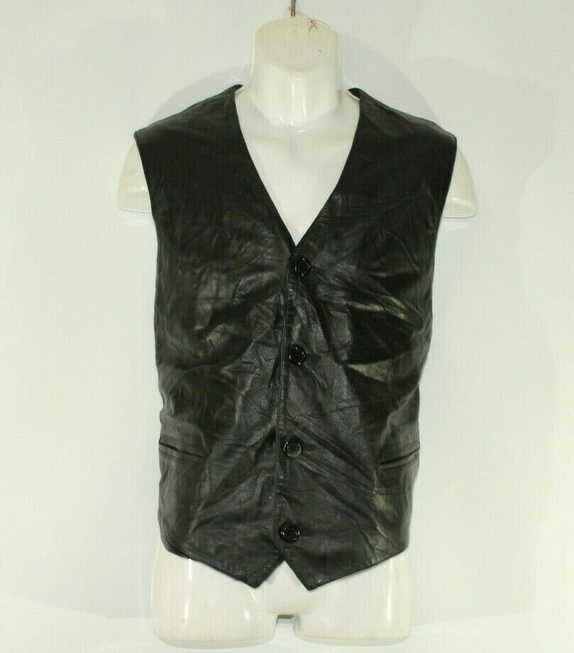 Image of Vintage Man's Black Leather Xin.sheng Button Cowboy Western Biker Waistcoat Size 42/52