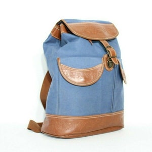 Vintage Blue Canvas & Brown Faux Leather Torebka na ramię ze ściągaczem Torba podróżna