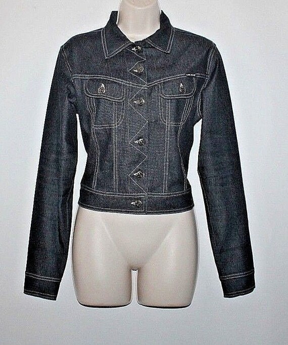 Vintage Grey Black Denim Cars Jeans Button Waist Length Jacket Blazer Size XL