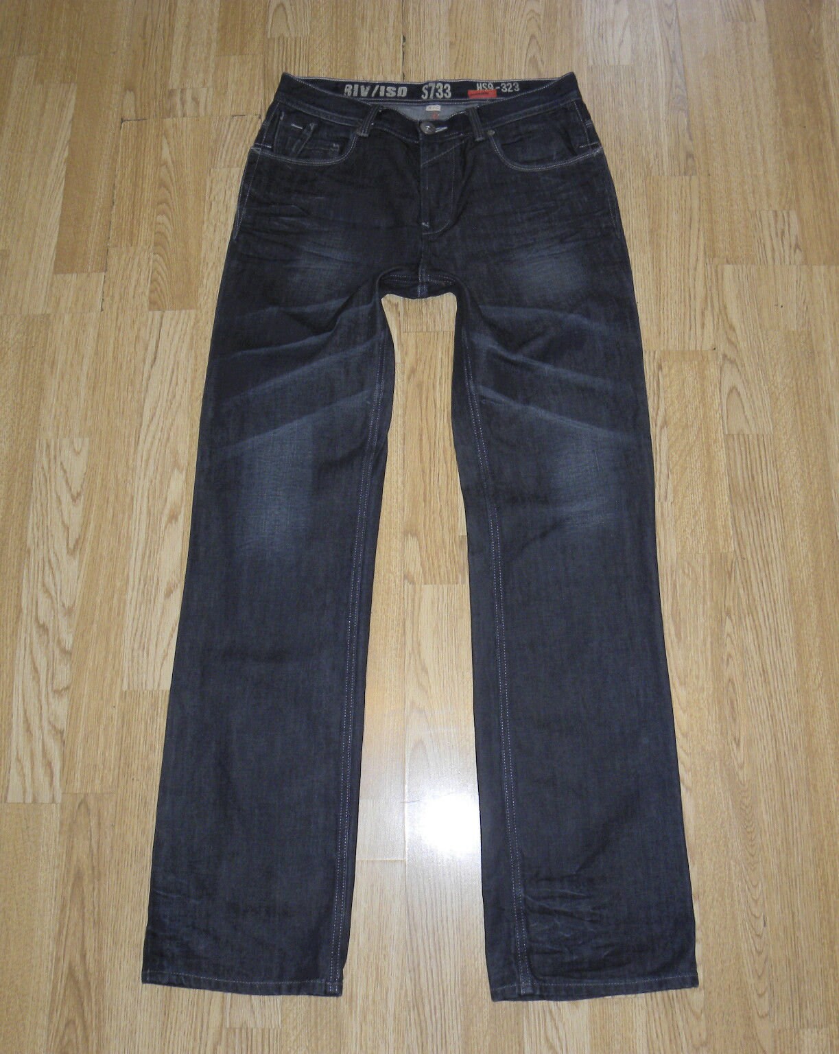 Image of Vintage Men's Dark Blue Denim River Island Button Faded Straight Leg Jeans Size W 32 L 35 Boho