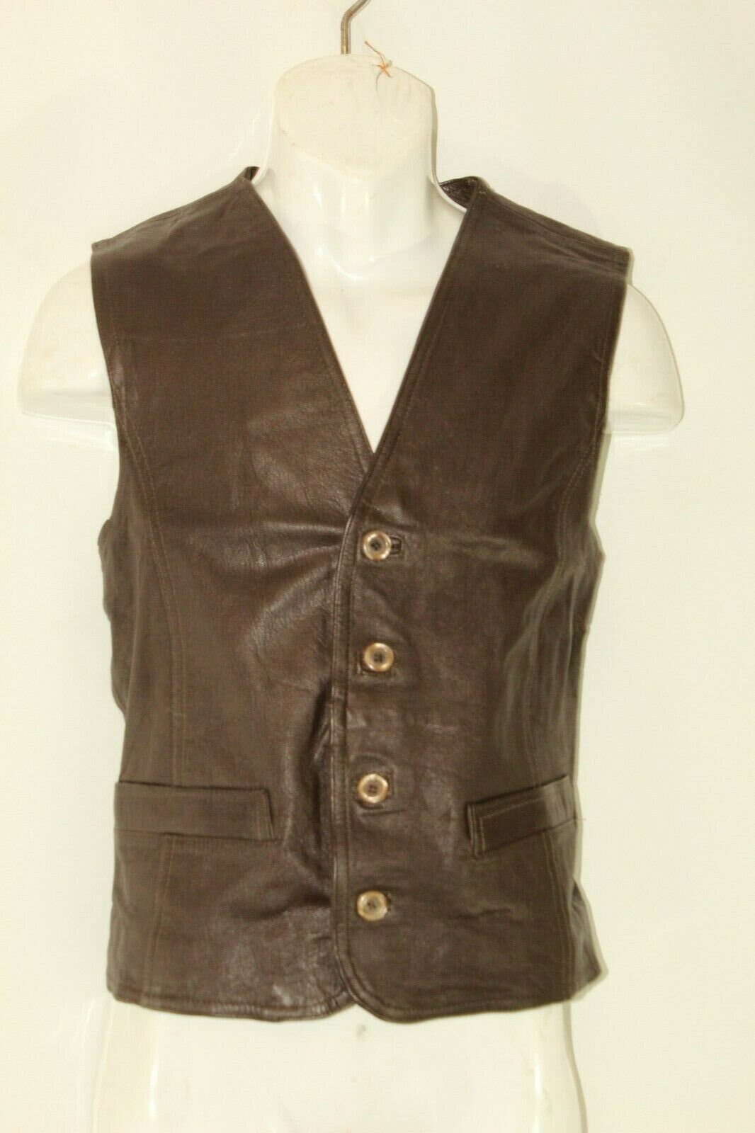 Image of Vintage Men's Brown Leather & Other L.o.g.g Button Western Vest Waistcoat Size M