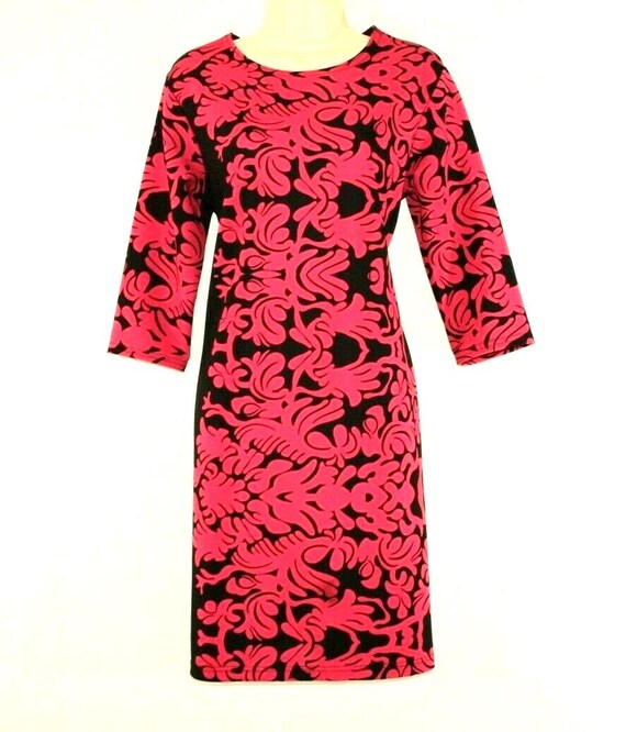 Vintage Black & Red Fabric Stretch 3/4 Sleeve Knee Length Party Casual Dress  Size 16 /46