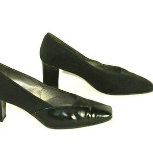Vintage Women&#39;s Black Fabric & Leather PETER KAISER Mid Heel Casual Court Shoes 4 / 37
