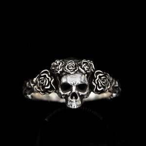 Gothic rose skull sterling silver ring silver jewelry men's ring women's ring rose ring gothic ring