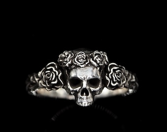 Gothic rose skull sterling silver ring silver jewelry men's ring women's ring rose ring gothic ring