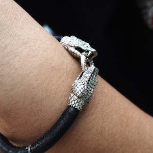 Celtic snake leather bracelet, man sterling silver bracelet silver jewelry snake bracelet viking bracelet gothic bracelet