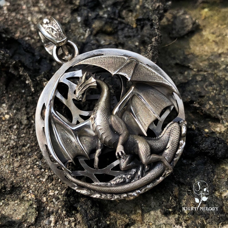 thumbnail interactive-video image 1 of 18k Yellow Gold Filled Over Silver Dragon Pendant Necklace – 24-inch Rope Chain, D772 1 of 5