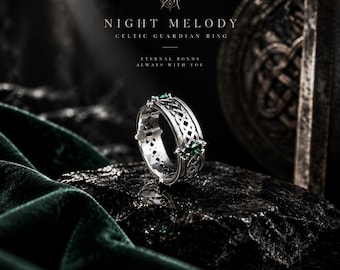 May include: A silver ring featuring an intricate Celtic knotwork pattern and small green gemstones. The text NIGHT MELODY CELTIC GUARDIAN RING ETERNAL BONDS ALWAYS WITH YOU HERITAGE PROTECTION FOREVER is visible in the image.