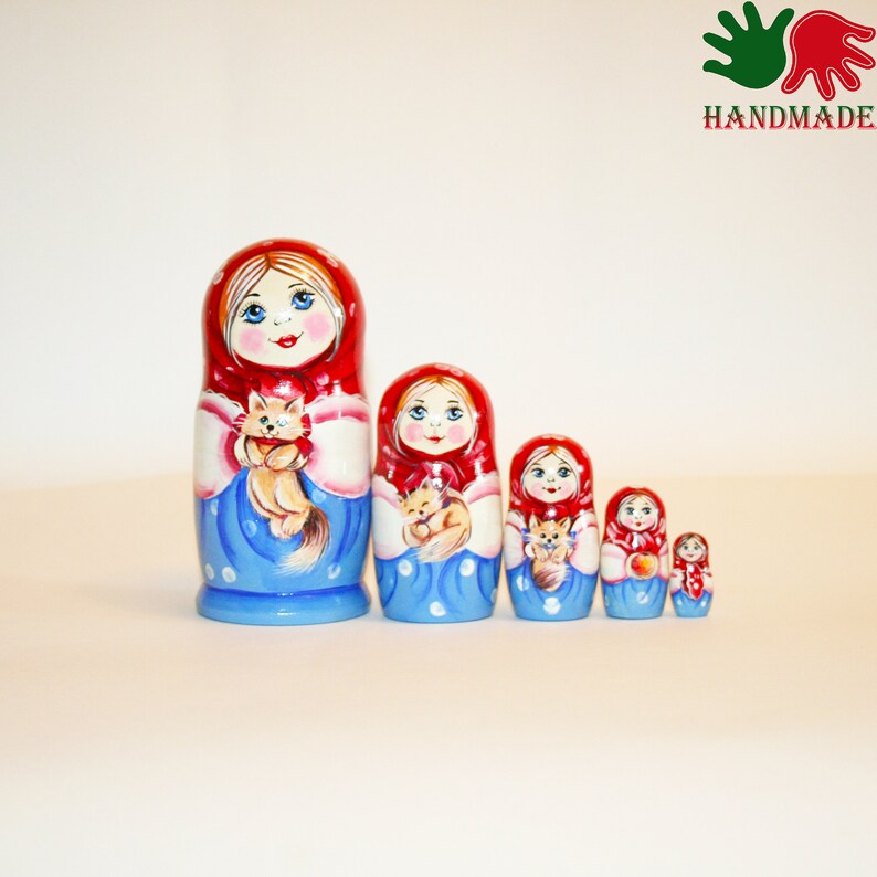 matryoshka nesting doll for kids wooden toy hand painted custom nesting dolls Girl with animals Nesting dolls girl with kitten cat