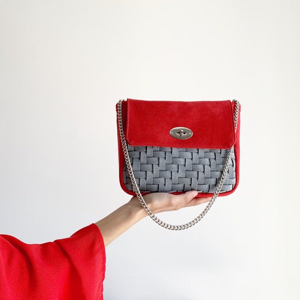 felt-like woven fabric day bag, red and grey vegan shoulder bag, evening bag, red occasion handbag, felt bag