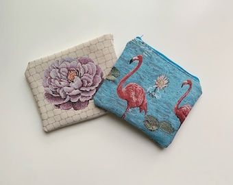 Fancy gobelin fabric case, flamingo cosmetic bags, flower case, bag for everything, handmade in Italy, woven clutch