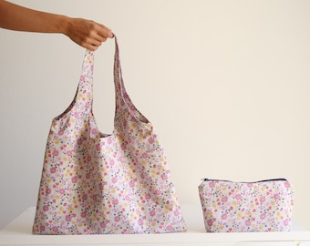 Canvas shopper bag in cotton blend with flowers, tote bag canvas, foldable shopping bag, dining bag, cloth bag bag with beauty