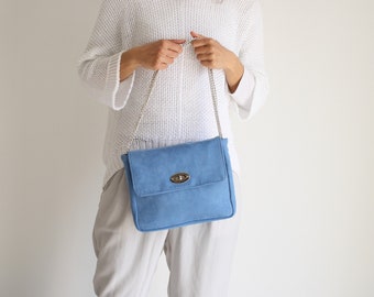 blue women's shoulder bag, vegan suede bag made in italy, handmade, summer fabric bag, evening handbag