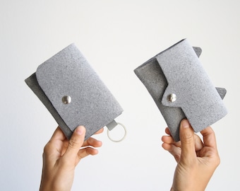 small fox wallet, minimalist wallet with key ring in gray felt,small card holder and handmade business cards