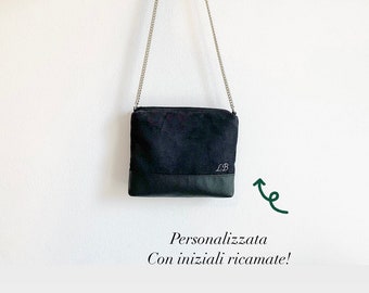 personalized women's shoulder bag, small shoulder strap in black vegan fabric, handmade shoulder bag, embroidered suede bag