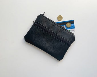 men's woman's wallet in black vegan leather with double zip, minimal case, sachet for all eco-leather, passport purse