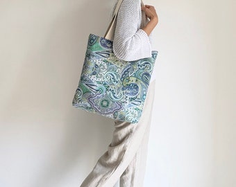 large fancy fabric tote bag, handmade beach bag, women's day bag, soft shoulder bag, vegan shopping bag, cotton shopper