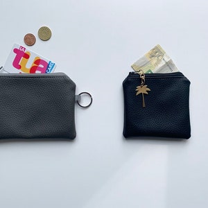 piccolo portafoglio minimalista in pelle vegan nero, astuccio pelle con zip, borsellino uomo donna portamonete, porta biglietti da visita