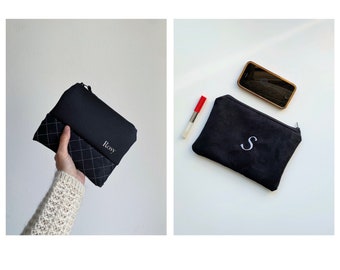 Personalized case with embroidered name, black suede clutch bag, everything sachet with monogram, personalized beauty case