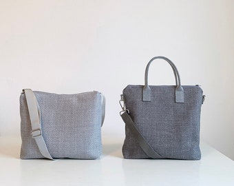 Borsa tracolla da donna in tessuto grigio, borsa hobo fatta a mano, tracolla ecosostenibile, borsa a spalla in stoffa vegan, zipper tote bag