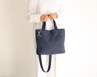 Large Women's Shoulder Bag in Blue Fabric, Tote Bag, Soft Shoulder Bag with Zip, Maxi Vegan Everyday Bag, Casual Bag