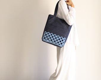 large tote bag in jeans fabric and felt like, soft shoulder woman bag, minimal canvas shopper, vegan bag, casual woman office bag