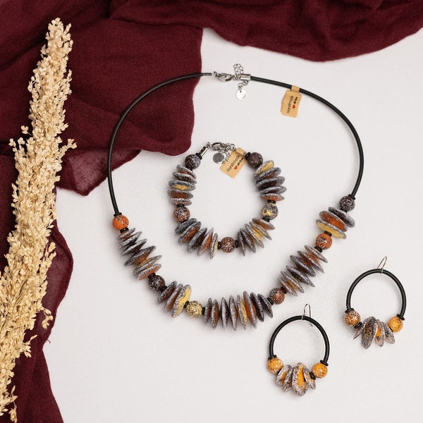 Boho, Ensemble de bijoux, Fait main, Unique, Usage quotidien, Occasion spéciale, Cadeau, Pour elle, Femmes, Édition limitée, Bijoux en argile, Couleurs de la terre