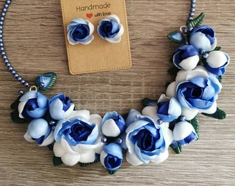 Rosses, Blauw, Handgemaakt, Sieraden set, Uniek, Ketting, Oorbellen, Studs, Bruiloft set, Cadeau idee, Voor haar, Limited edition, Speciale gelegenheid,