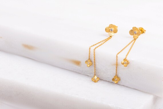 14k Yellow Gold Rose Dangle Earrings Long Chain Flower Hanging Diamond Cut Solid 14k Yellow Gold Rose Dangle Earrings Long Chain Flower Hanging Diamond Cut Solid