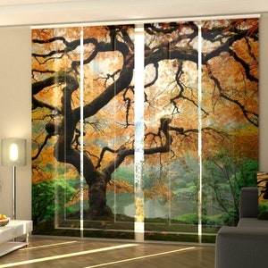 Sliding Panel Curtain Old Japanese Maple, Set of 4 Vertical Blinds for Patio Doors, Yoga center, SPA Beauty center, living room divider